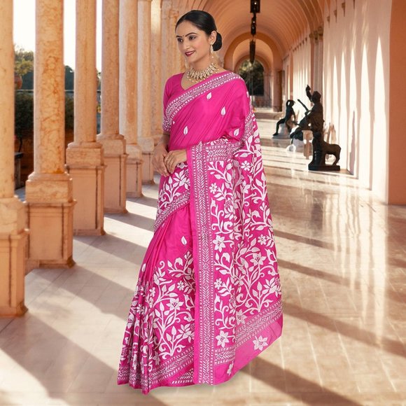 Hand embroidered kantha work sari on Bangalore silk - Picture 2 of 2